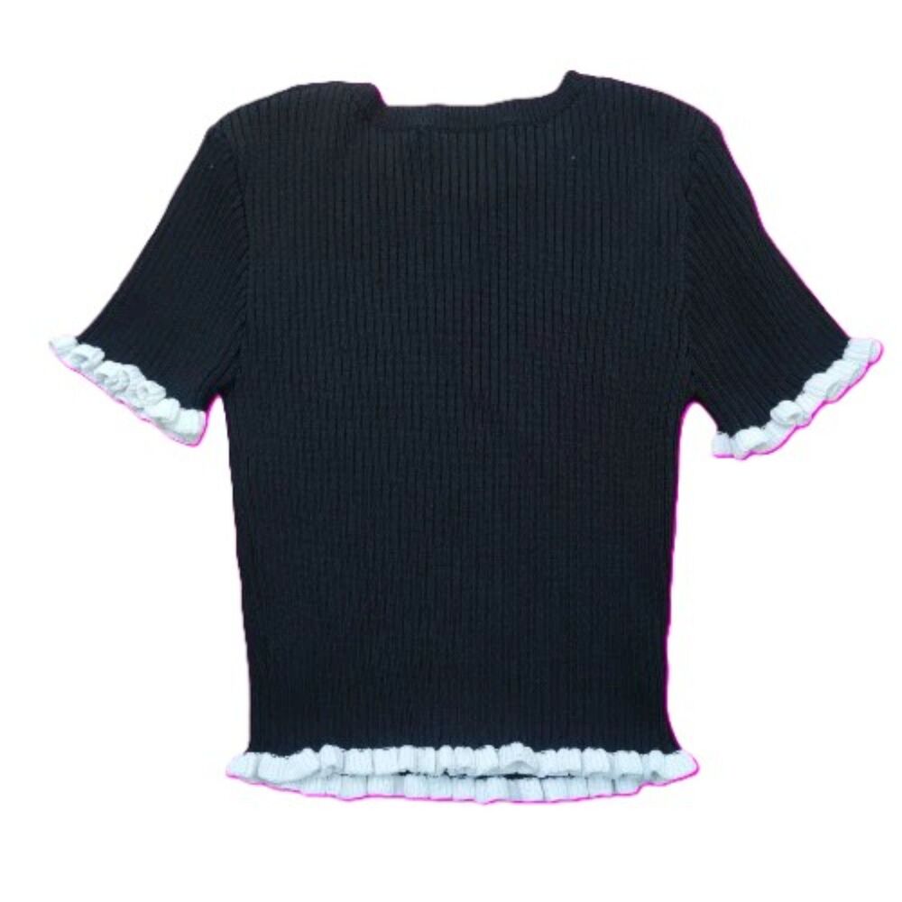 English Factory Black Ribbed Ruffle Trim Top Women’s Small Short Sleeve - Picture 2 of 5